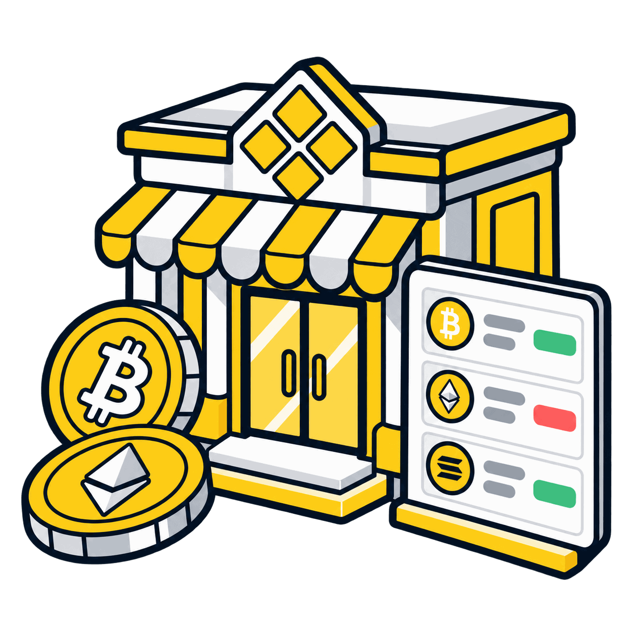 Binance-guider för spothandel med en illustrerad kryptomarknadsplats och handelspar