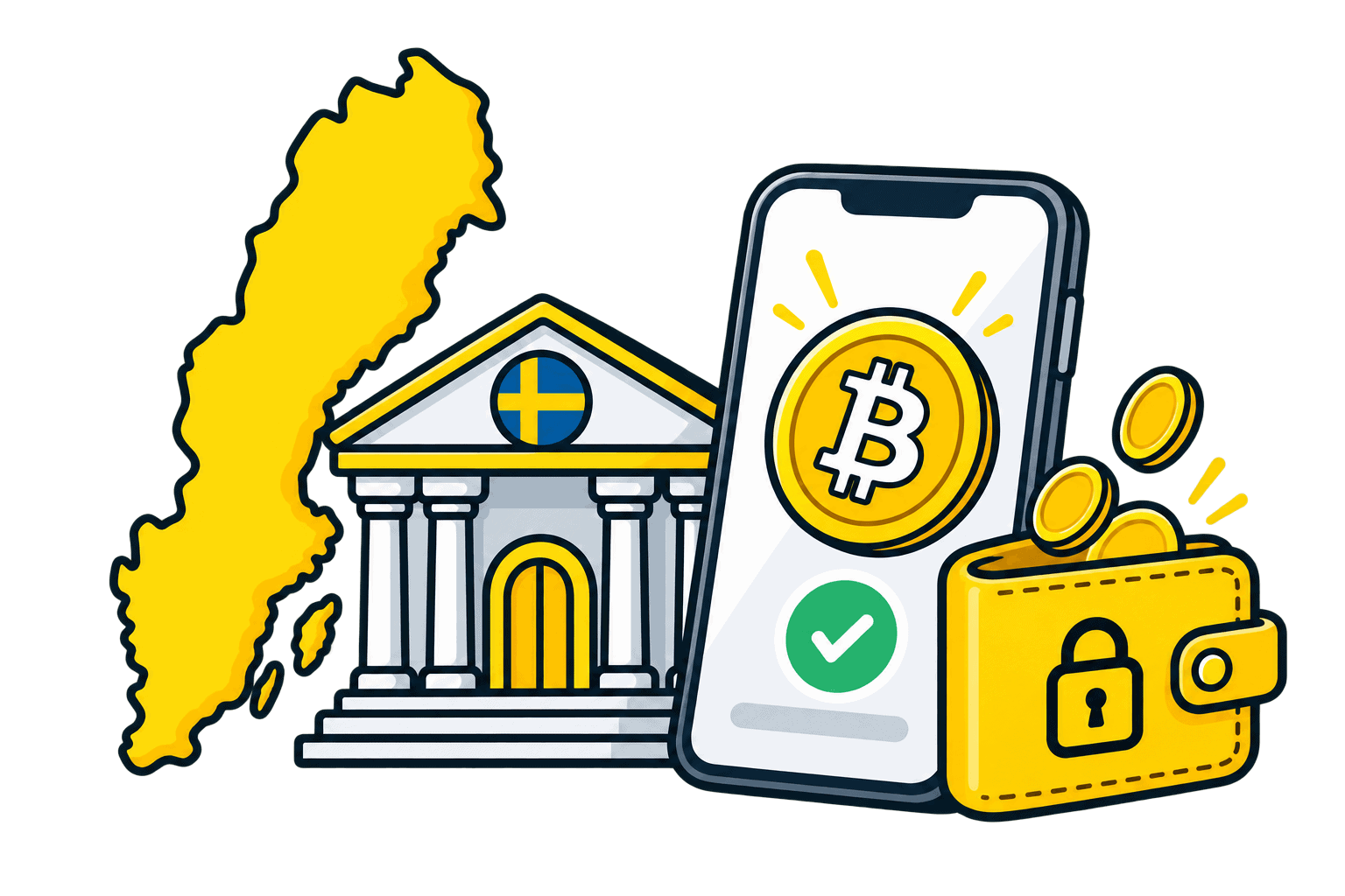 Acquisto di criptovalute in Svezia con banca, telefono Bitcoin e wallet sicuro