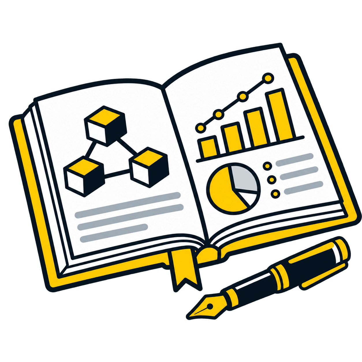 Featured cryptocurrency articles illustrated with charts and a pen