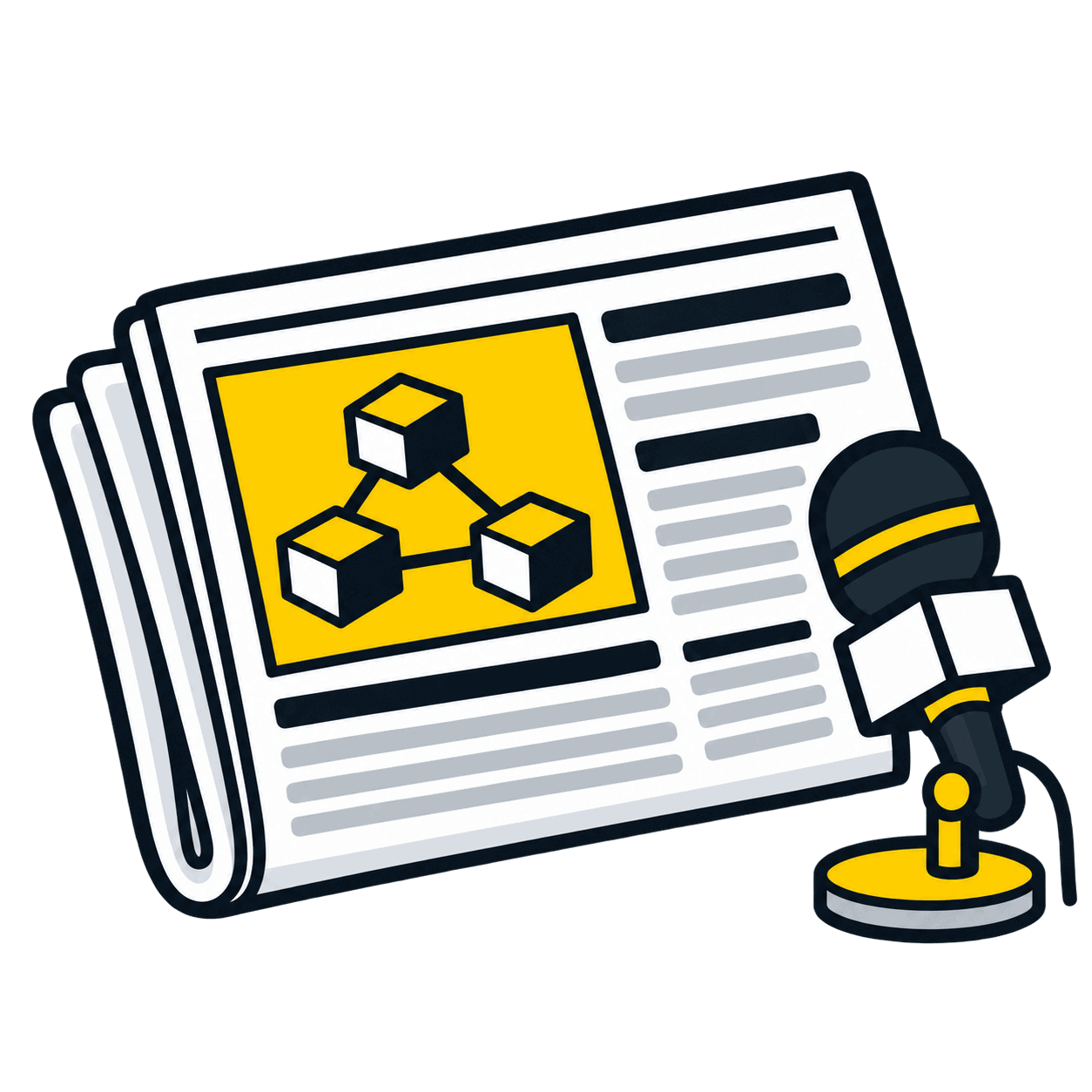 Crypto news illustrated with a newspaper and microphone