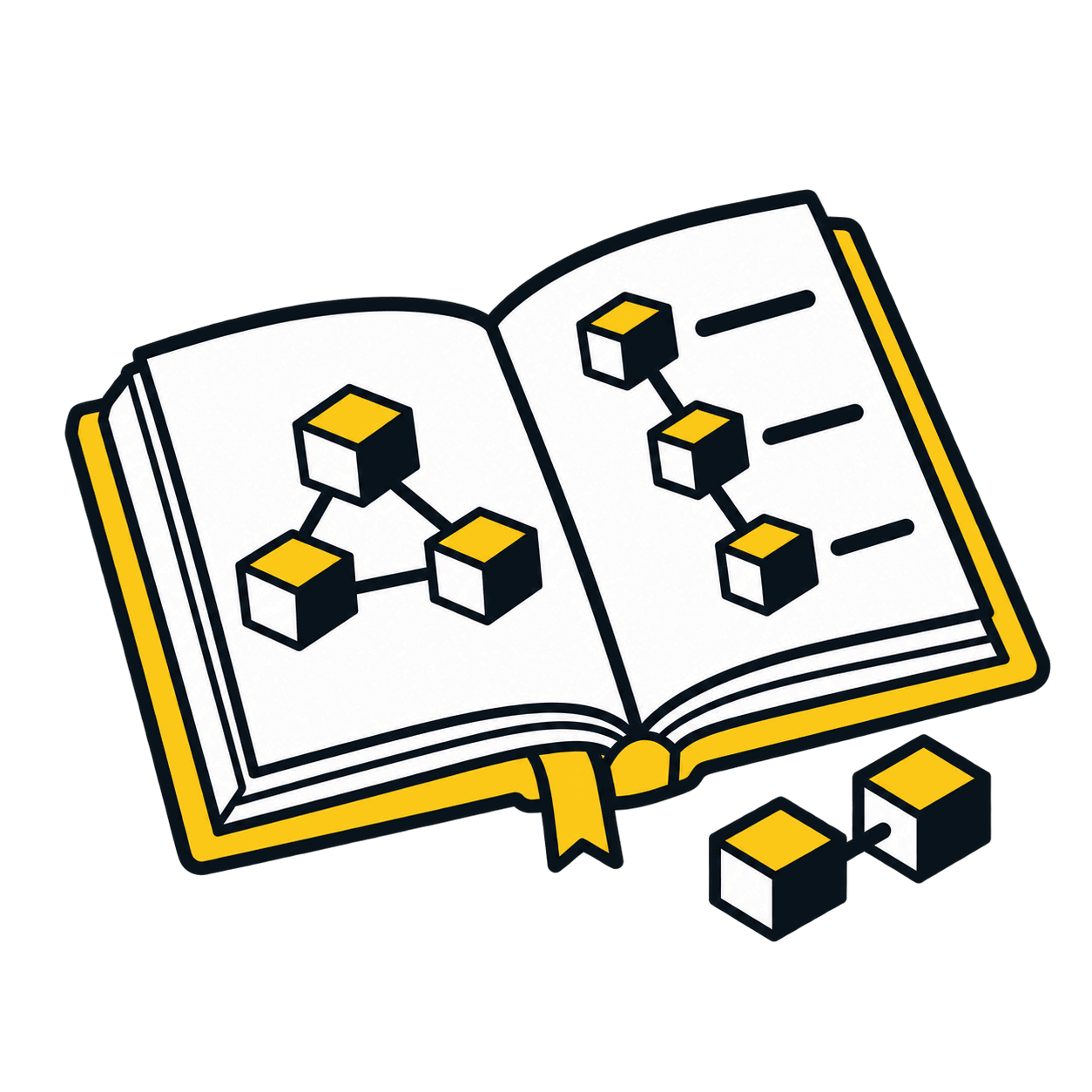 開いた本とつながったブロックチェーンのブロックを描いた暗号資産学習ハンドブック 開いた本とつながったブロックチェーンのブロックを描いた暗号資産学習ハンドブック